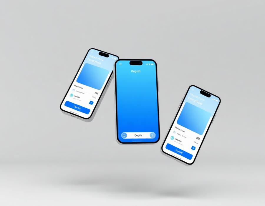 Mobile banking app screens floating above a light surface